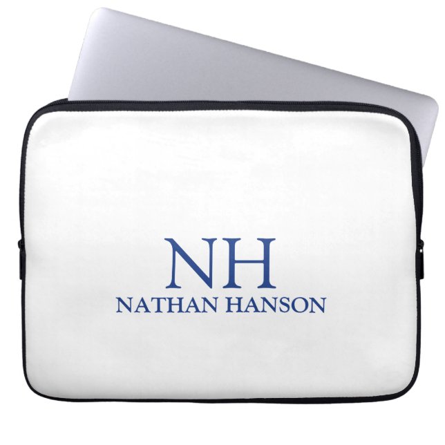 Simple Blue Monogram Modern Laptop Sleeve (Front)