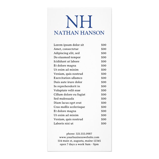 Simple Blue Monogram Modern Rack Card (Front)