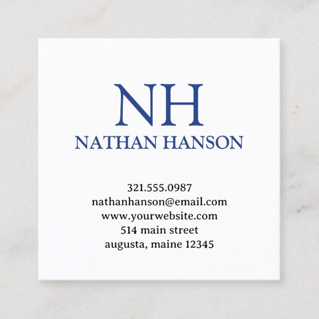 Simple Blue Monogram Modern Square Business Card (Front)