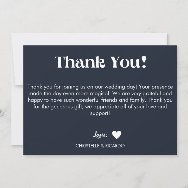 Simple blue navy script wedding thank you    announcement (Front)