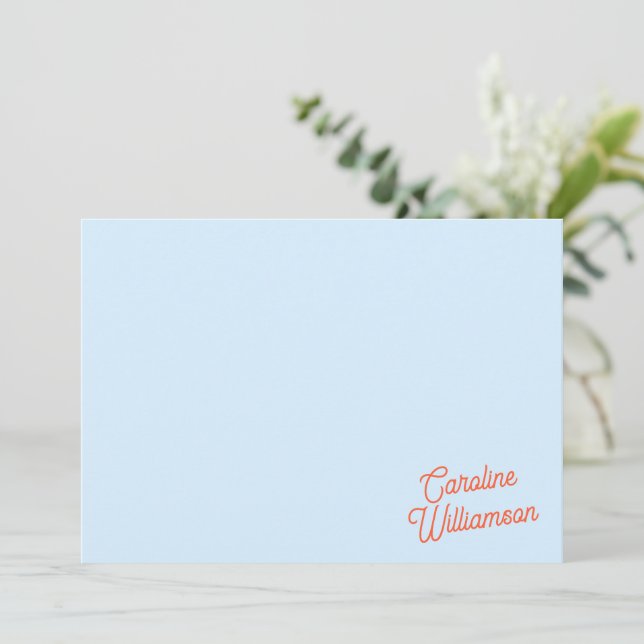 Simple Blue Orange Script Personalized Stationery Card (Standing Front)