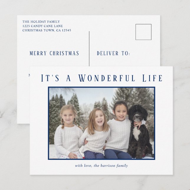 Simple Blue Photo Minimalist Modern Christmas Holiday Postcard (Front/Back)