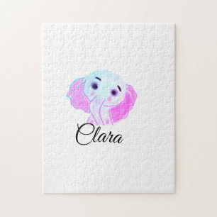 Simple blue pink baby elephant watercolor add name jigsaw puzzle