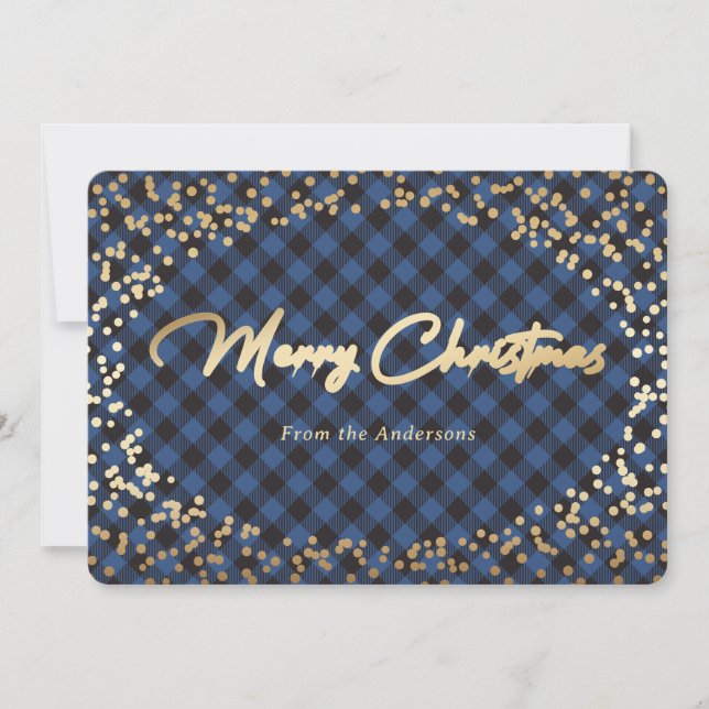Simple Blue Plaid Gold Foil Christmas Cards (Front)