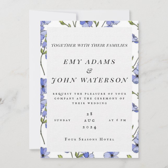simple blue & purple florid wedding invitation  (Front)