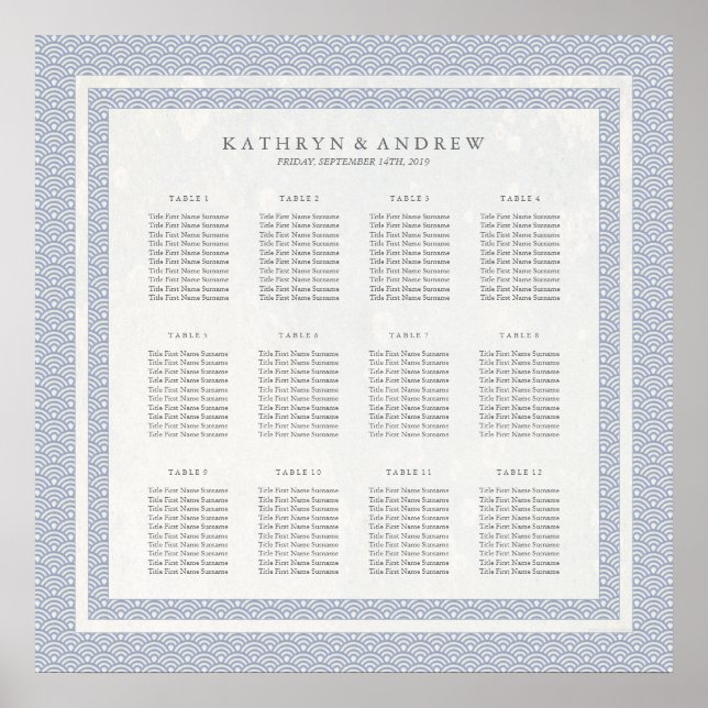 Simple Blue/Purple Pattern Seigaiha Seating Chart (Front)