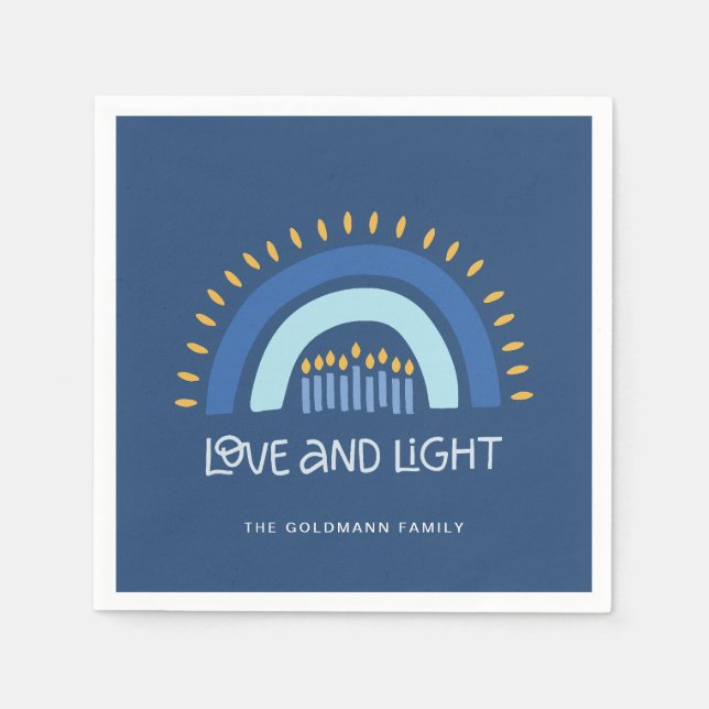 Simple Blue Rainbow Candles Love & Light Hanukkah Napkin (Front)