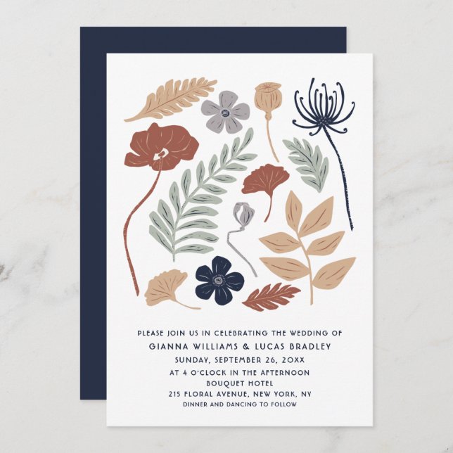 Simple Blue Redwood Flowers Floral Modern Wedding Invitation (Front/Back)