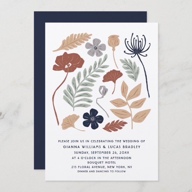 Simple Blue Redwood Flowers Floral Modern Wedding Invitation (Front/Back)