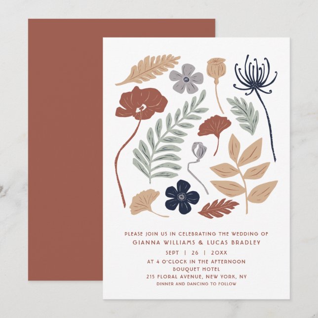 Simple Blue Redwood Flowers Floral Modern Wedding Invitation (Front/Back)
