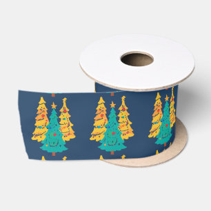 Simple Blue retro Christmas pine tree Pattern Satin Ribbon