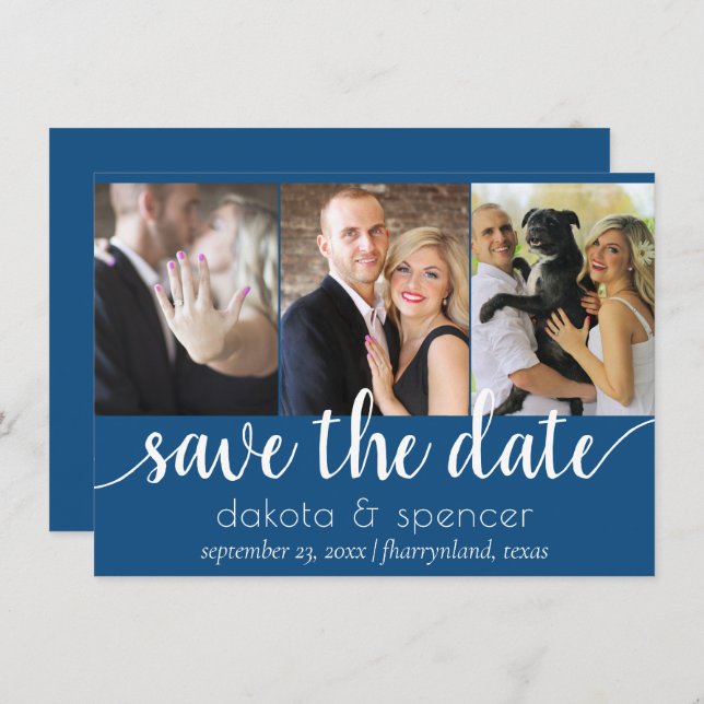 Simple Blue Script | Cerulean 3 Photo Calligraphy Save The Date (Front/Back)