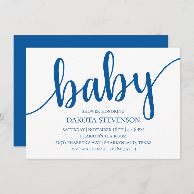 Simple Blue Script | Cerulean Flourish Baby Shower Invitation (Front/Back)