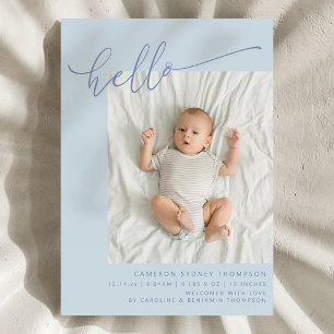 Simple Blue Script Cute Hello Baby Two Photo Birth Announcement
