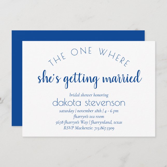 Simple Blue Script | One Where She Gets Married Invitation (Front/Back)