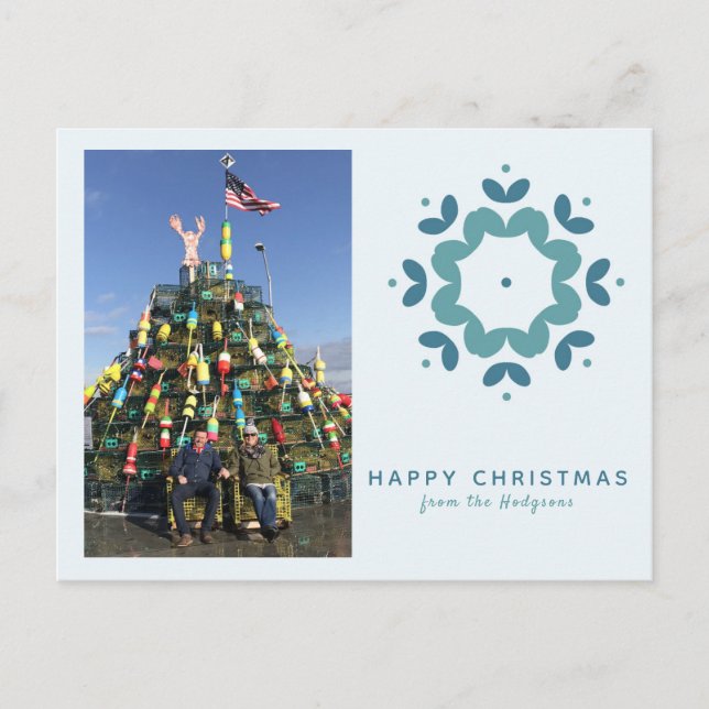Simple Blue Snowflake Photo Holiday Greeting Postcard (Front)