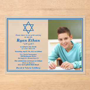 Simple Blue Star of David Photo Bar Mitzvah Acrylic Invitations
