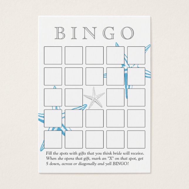 Simple Blue Starfish 5x5 Bridal Shower Bingo Card (Front)