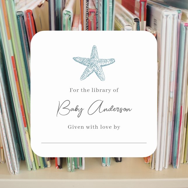 Simple blue starfish baby shower bookplate square sticker (Creator Uploaded)