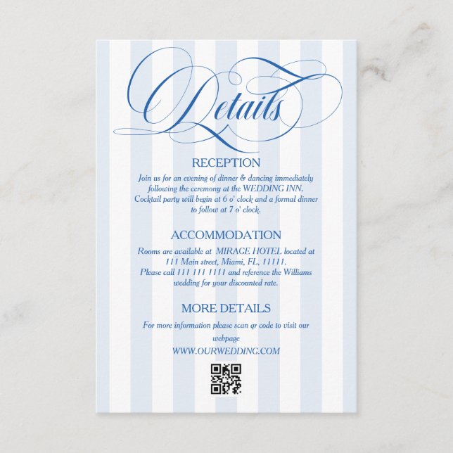 Simple Blue Striped Wedding Details Enclosure Card (Front)