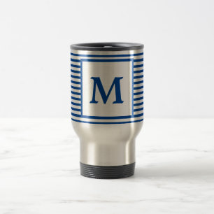 Simple Blue Stripes and Monogram Travel Mug