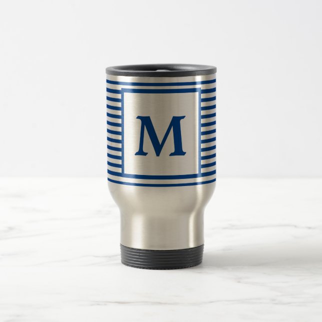 Simple Blue Stripes and Monogram Travel Mug (Center)