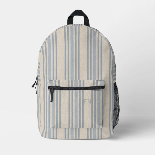 Simple Blue Stripes with Monogrammed Initial Printed Backpack (Front)