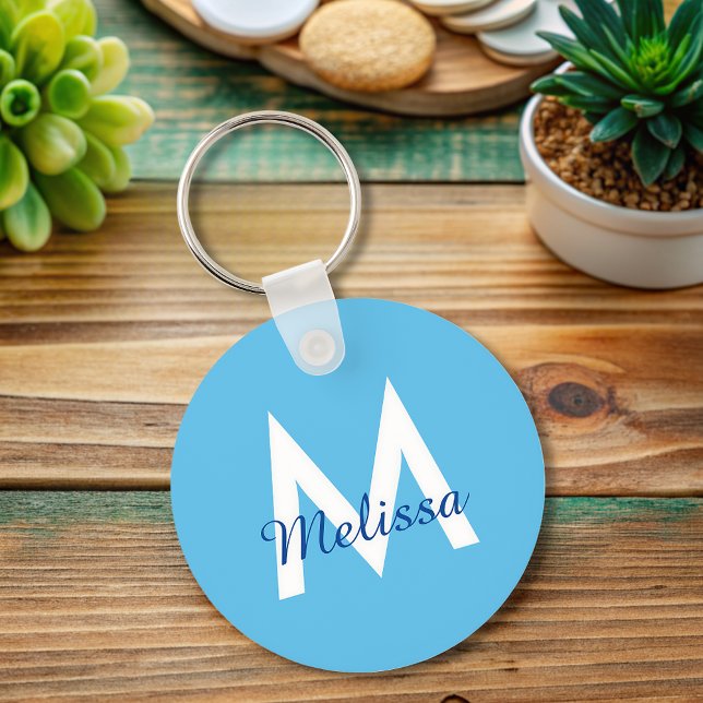 simple Blue teal modern Monogram girly Name  Key Ring (Creator Uploaded)