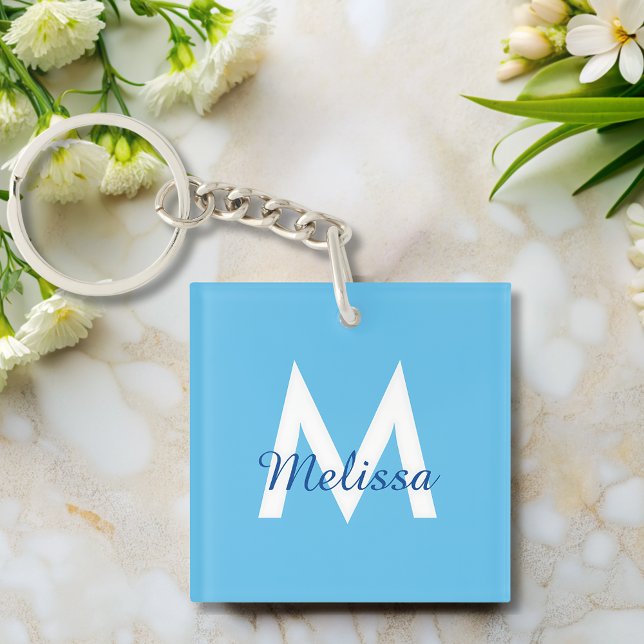 simple Blue teal modern Monogram girly Name  Key Ring (Creator Uploaded)