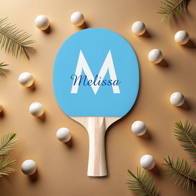 simple Blue teal modern Monogram girly Name  Ping Pong Paddle (Creator Uploaded)