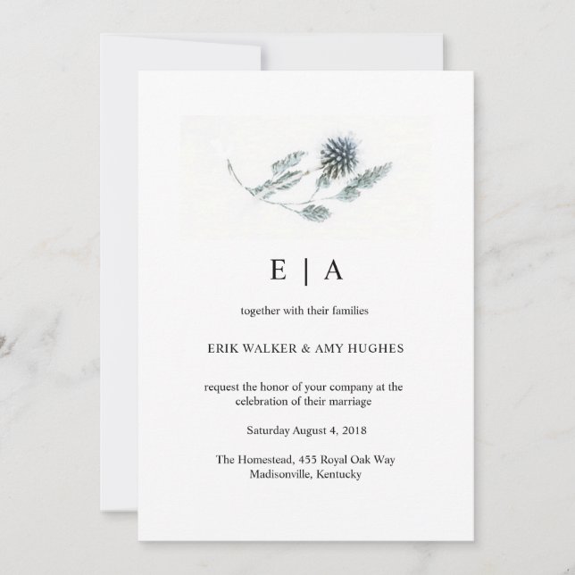 Simple Blue Thistle Floral Watercolor Wedding Invitation (Front)