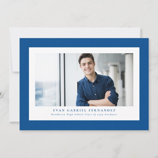 Simple blue tweed frame classic photo graduation announcement (Front)