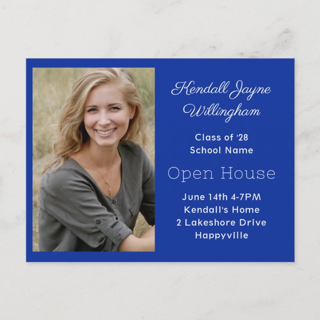 Simple Blue Two Photo Graduation Open House Invitation Postcard (Front)