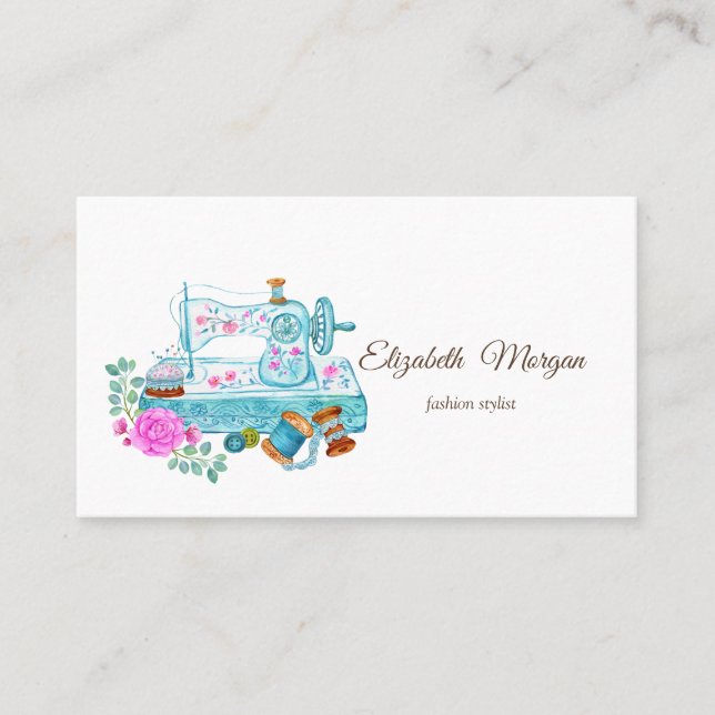Simple Blue Watercolor Floral Sewing Machine  Business Card (Front)