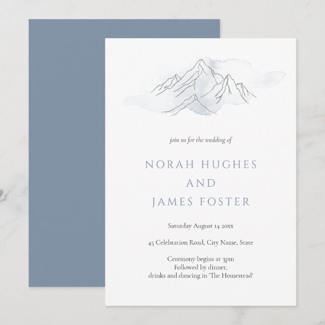 Simple Blue Watercolor Mountain Nature Wedding Invitation (Front/Back)