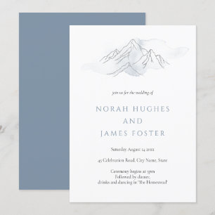 Simple Blue Watercolor Mountain Nature Wedding Invitation