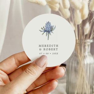 Simple Blue Watercolor Thistle Wedding Classic Round Sticker