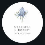 Simple Blue Watercolor Thistle Wedding Classic Round Sticker<br><div class="desc">A simple sticker perfect as your wedding invitation seals or your favours. This design features a watercolor blue thistle. Personalise with your names and wedding date in dark grey serif font.</div>