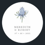 Simple Blue Watercolor Thistle Wedding Classic Round Sticker<br><div class="desc">A simple sticker perfect as your wedding invitation seals or your favours. This design features a watercolor blue thistle. Personalise with your names and wedding date in dark grey serif font.</div>