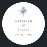 Simple Blue Watercolor Thistle Wedding Names Classic Round Sticker<br><div class="desc">A simple sticker perfect as your wedding invitation seals or your favours. This design features a watercolor blue thistle. Personalise with your names and wedding date in dark grey serif font.</div>