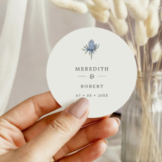 Simple Blue Watercolor Thistle Wedding Names Classic Round Sticker
