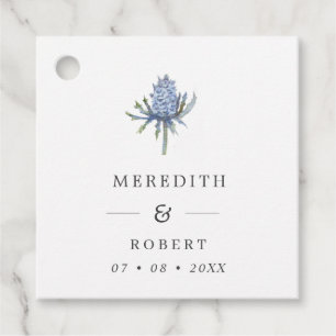 Simple Blue Watercolor Thistle Wedding Names Favour Tags