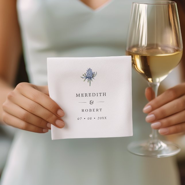 Simple Blue Watercolor Thistle Wedding Names Napkin (Creator Uploaded)