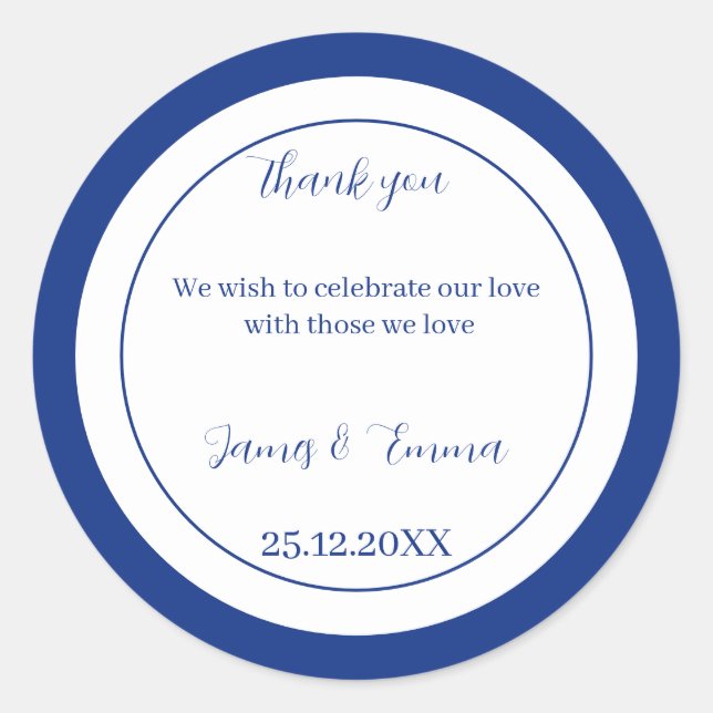 Simple Blue Wedding  Classic Round Sticker (Front)