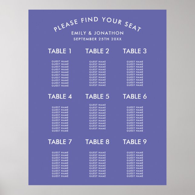 Simple Blue Wedding Seating Chart (Front)
