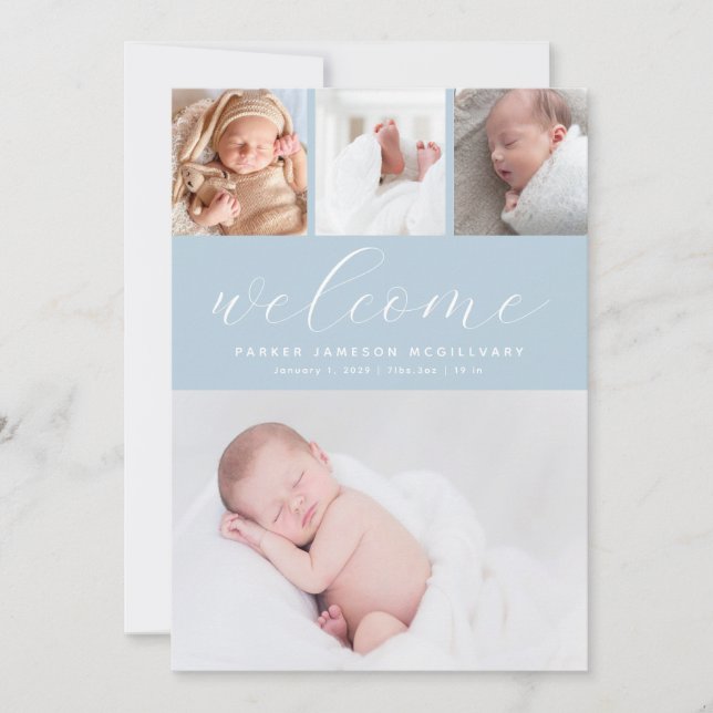 Simple Blue Welcome Photo Collage Baby Boy Birth A Announcement (Front)