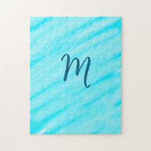 simple blue whi watercolor lines add your monogram jigsaw puzzle