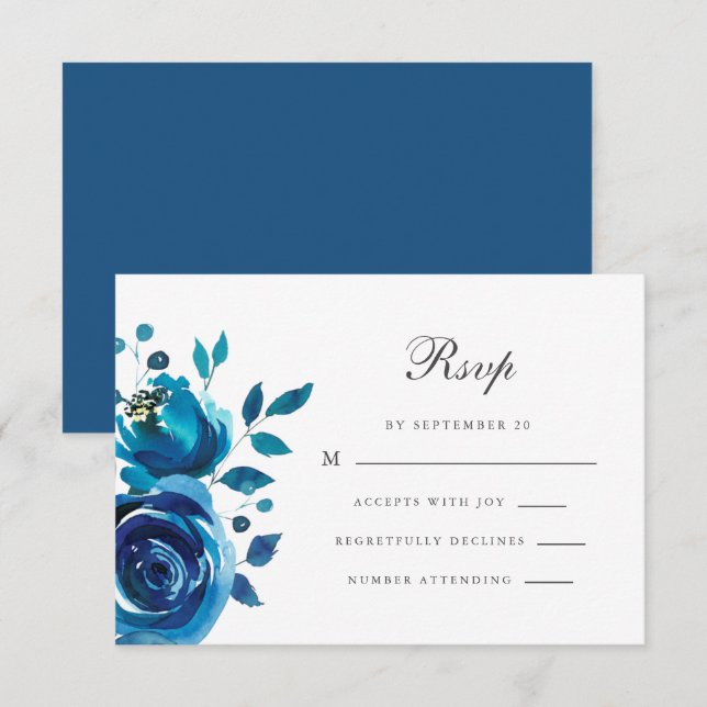 Simple Blue White Calligraphy Quinceanera RSVP Card (Front/Back)