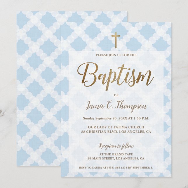 Simple Blue White Circles Gold Modern Baptism Invitation (Front/Back)
