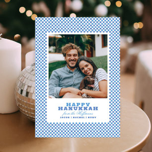 Simple Blue & White Gingham Photo Hanukkah Card
